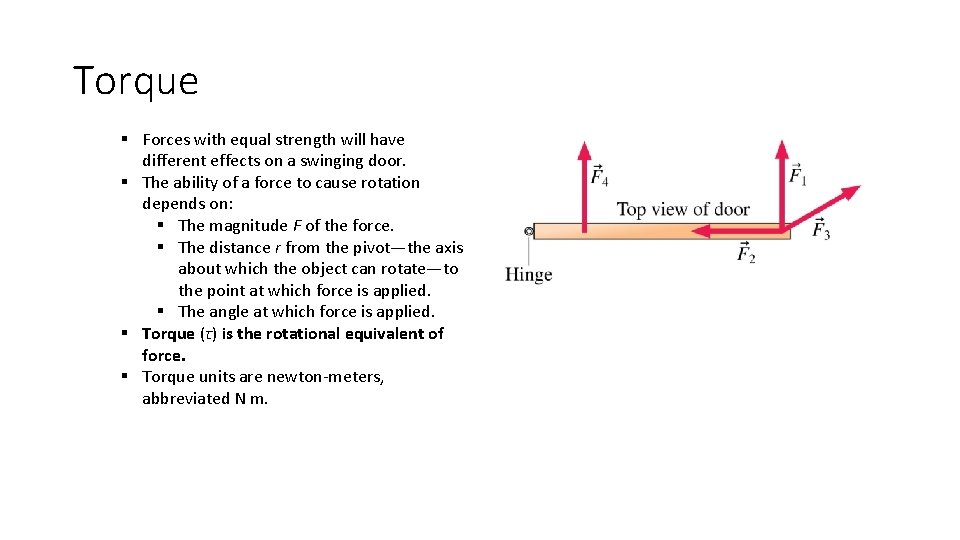 Torque § Forces with equal strength will have different effects on a swinging door.