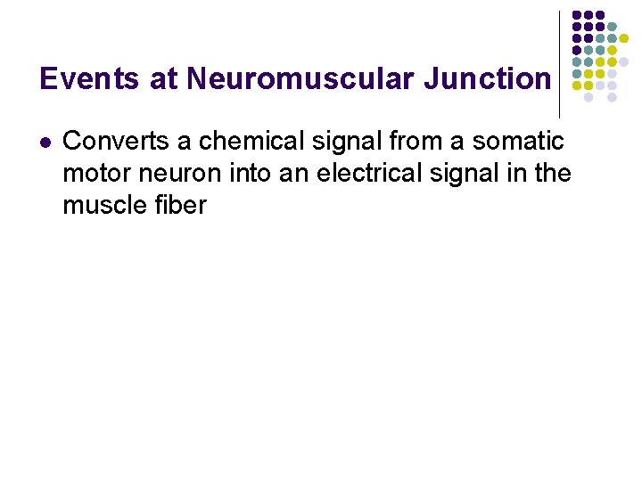 Events at Neuromuscular Junction l Converts a chemical signal from a somatic motor neuron