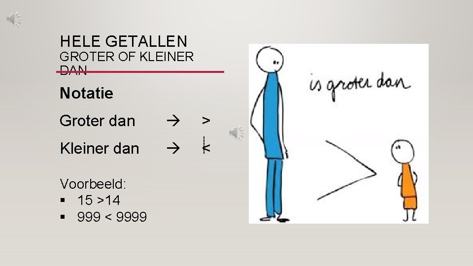 HELE GETALLEN GROTER OF KLEINER DAN Notatie Groter dan > Kleiner dan ------ Voorbeeld: