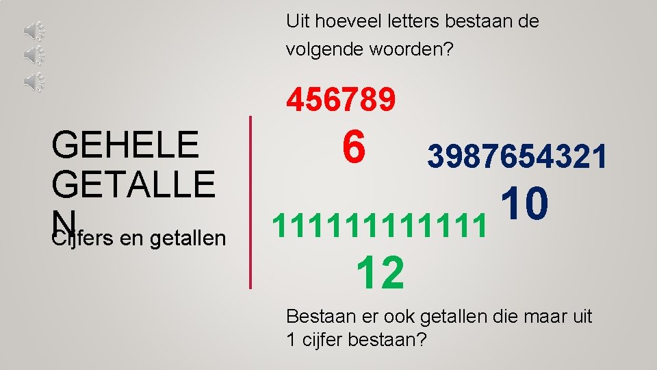 Uit hoeveel letters bestaan de volgende woorden? 456789 GEHELE GETALLE N Cijfers en getallen