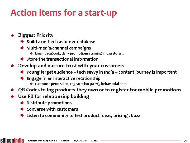Action items for a start-up Biggest Priority Build a unified customer database Multi-media/channel campaigns