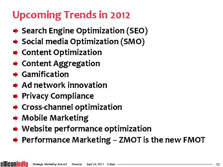 Upcoming Trends in 2012 Search Engine Optimization (SEO) Social media Optimization (SMO) Content Optimization