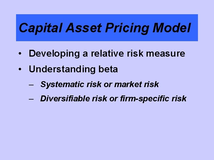 Capital Asset Pricing Model • Developing a relative risk measure • Understanding beta –