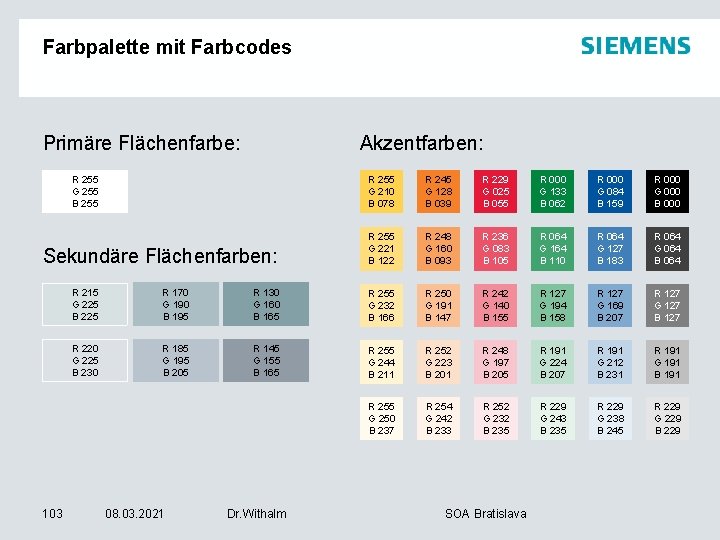 Farbpalette mit Farbcodes Primäre Flächenfarbe: Akzentfarben: R 255 G 255 B 255 Sekundäre Flächenfarben: