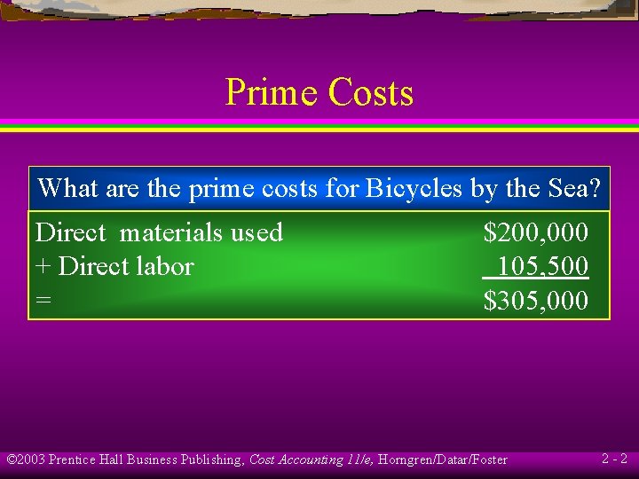 Prime Costs What are the prime costs for Bicycles by the Sea? Direct materials