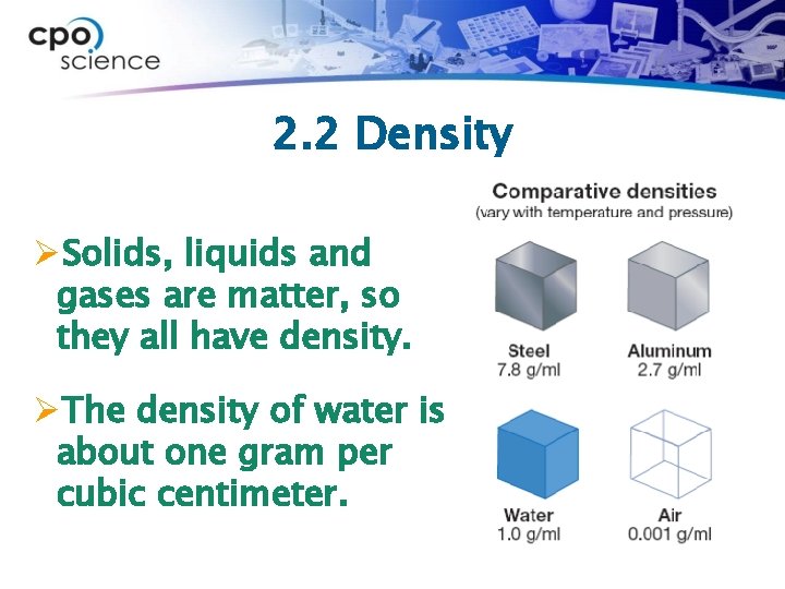 2. 2 Density ØSolids, liquids and gases are matter, so they all have density.