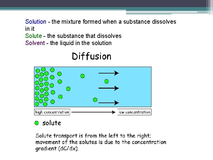 Solution - the mixture formed when a substance dissolves in it Solute - the