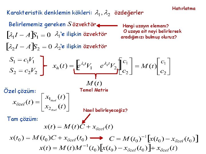 Karakteristik denklemin kökleri: Belirlememiz gereken özvektör ‘e ilişkin özvektör özdeğerler Hangi uzayın elemanı? O