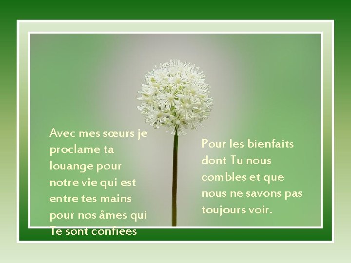 Avec mes sœurs je proclame ta louange pour notre vie qui est entre tes