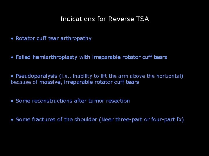 Indications for Reverse TSA Indications • Rotator cuff tear arthropathy • Failed hemiarthroplasty with Indications for Reverse TSA Indications • Rotator cuff tear arthropathy • Failed hemiarthroplasty with