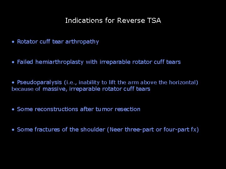 Indications for Reverse TSA Indications • Rotator cuff tear arthropathy • Failed hemiarthroplasty with