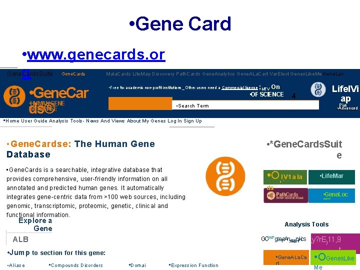  • Gene Card • www. genecards. or Gene. Cards. Suite g • •