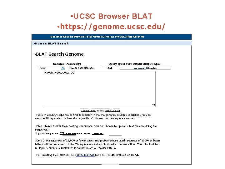 • UCSC Browser BLAT • https: //genome. ucsc. edu/ • Genomes Genome Browser • UCSC Browser BLAT • https: //genome. ucsc. edu/ • Genomes Genome Browser