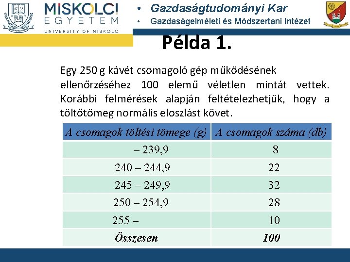  • Gazdaságtudományi Kar • Gazdaságelméleti és Módszertani Intézet Példa 1. Egy 250 g