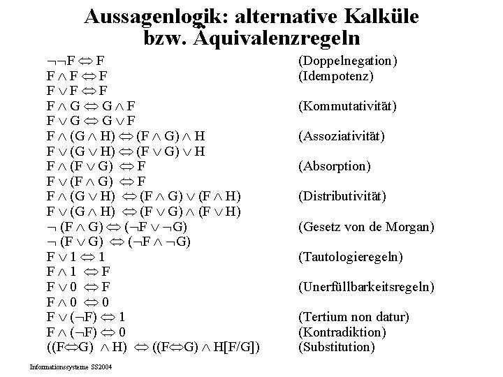 Aussagenlogik: alternative Kalküle bzw. Äquivalenzregeln F F F G G F F (G H)