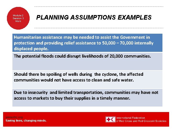 Module 2 Session 3 Work PLANNING ASSUMPTIONS EXAMPLES Humanitarian assistance may be needed to