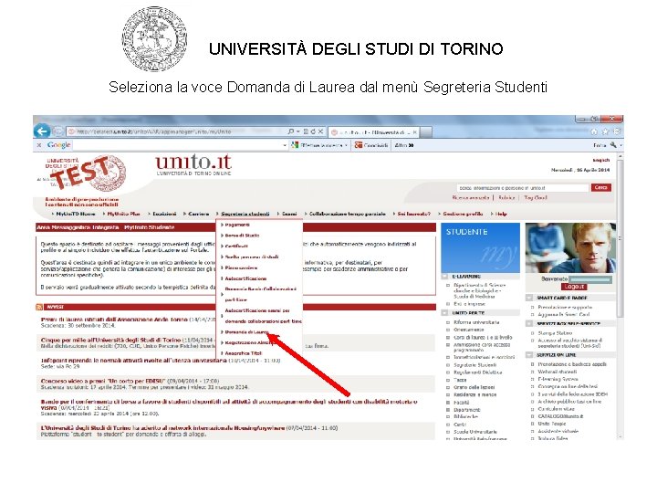 UNIVERSITÀ DEGLI STUDI DI TORINO Seleziona la voce Domanda di Laurea dal menù Segreteria