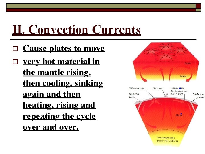 H. Convection Currents o o Cause plates to move very hot material in the
