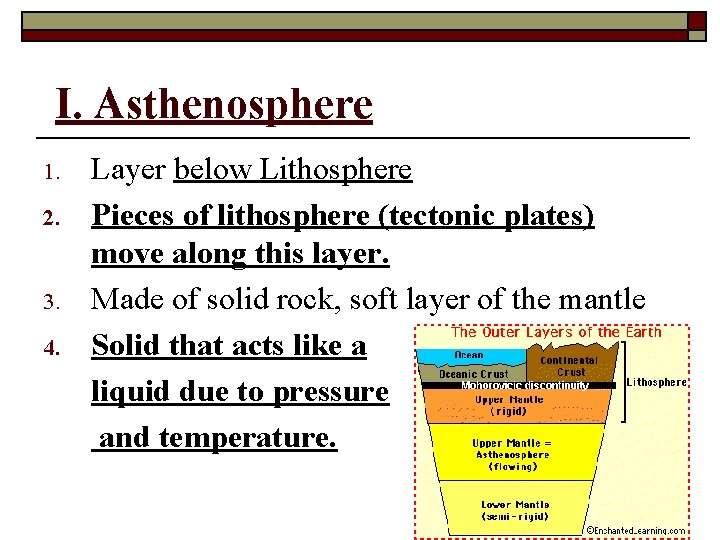 I. Asthenosphere 1. 2. 3. 4. Layer below Lithosphere Pieces of lithosphere (tectonic plates)