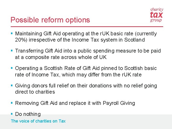 Possible reform options § Maintaining Gift Aid operating at the r. UK basic rate