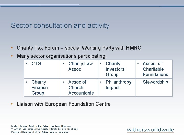 Sector consultation and activity • Charity Tax Forum – special Working Party with HMRC