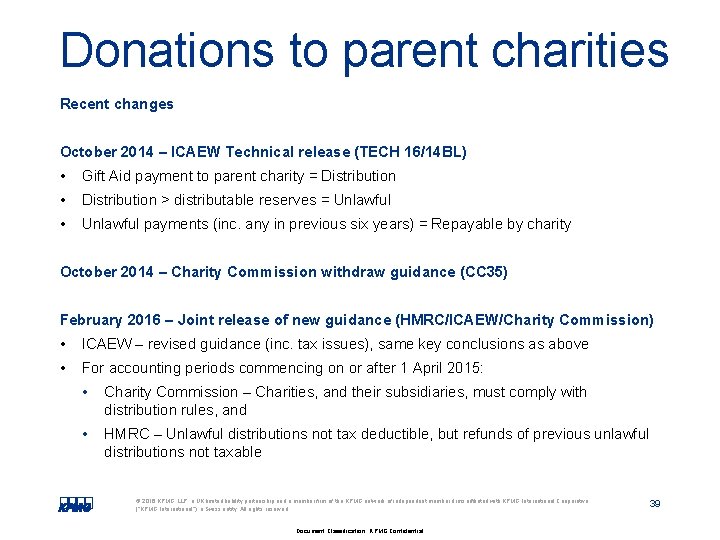 Donations to parent charities Recent changes October 2014 – ICAEW Technical release (TECH 16/14