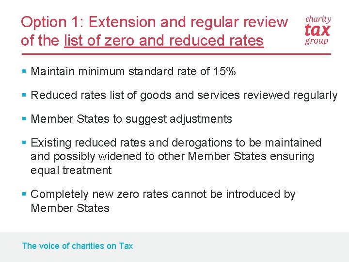Option 1: Extension and regular review of the list of zero and reduced rates