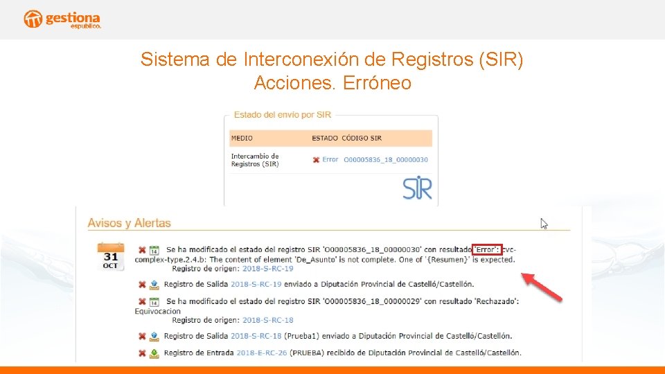 Sistema de Interconexión de Registros (SIR) Acciones. Erróneo 