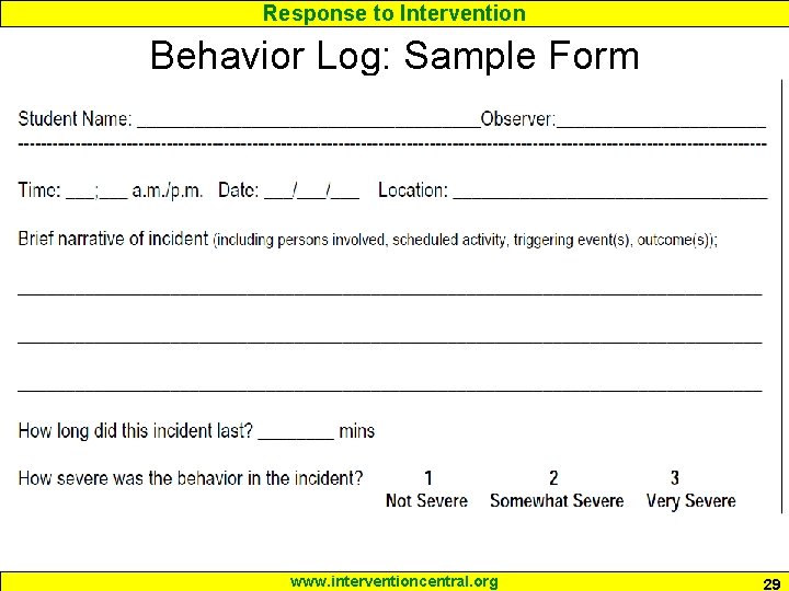 Response to Intervention Behavior Log: Sample Form www. interventioncentral. org 29 