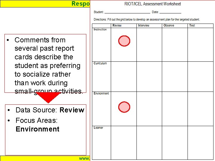 Response to Intervention • Comments from several past report cards describe the student as