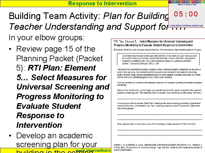 Response to Intervention Building Team Activity: Plan for Building Teacher Understanding and Support for
