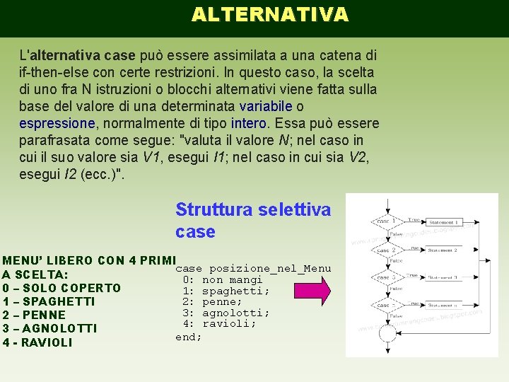 ALTERNATIVA L'alternativa case può essere assimilata a una catena di if-then-else con certe restrizioni.