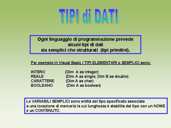 Ogni linguaggio di programmazione prevede alcuni tipi di dati sia semplici che strutturati (tipi