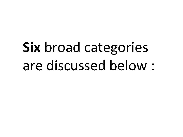 Six broad categories are discussed below : Six broad categories are discussed below :