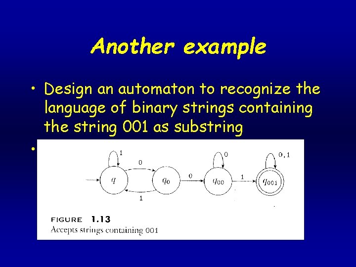 Another example • Design an automaton to recognize the language of binary strings containing