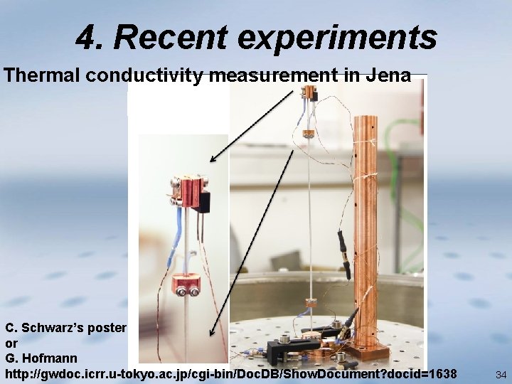 4. Recent experiments Thermal conductivity measurement in Jena C. Schwarz’s poster or G. Hofmann
