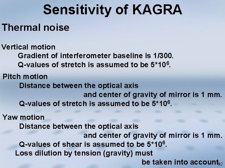 Sensitivity of KAGRA Thermal noise Vertical motion Gradient of interferometer baseline is 1/300. Q-values