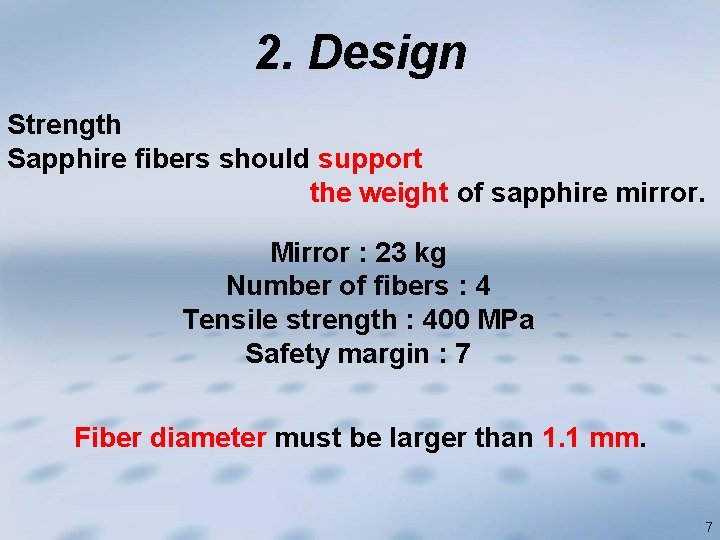 2. Design Strength Sapphire fibers should support the weight of sapphire mirror. Mirror :