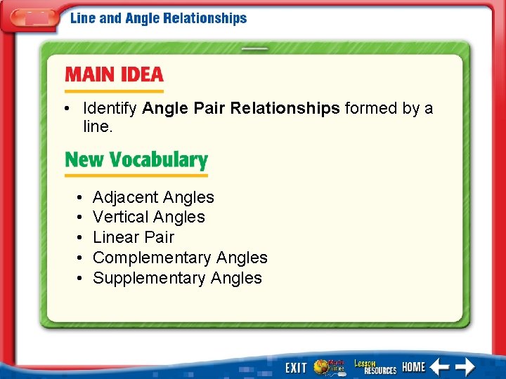  • Identify Angle Pair Relationships formed by a line. • • • Adjacent