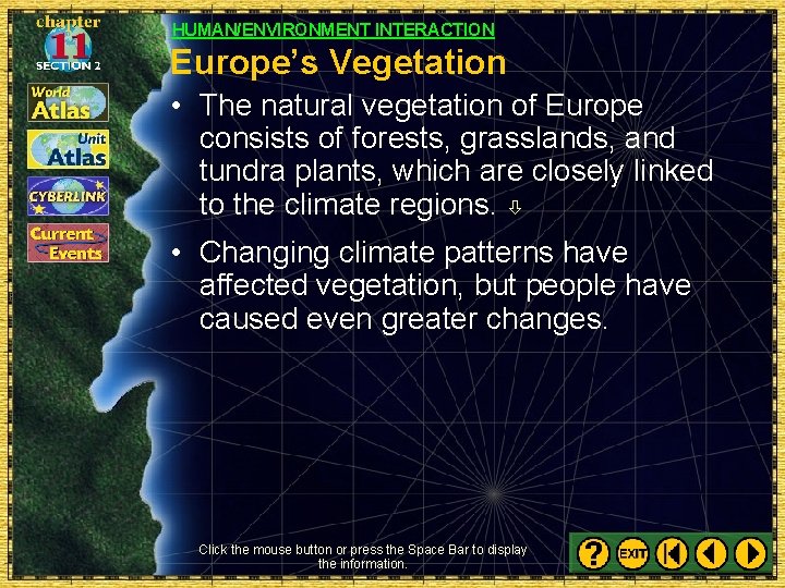 HUMAN/ENVIRONMENT INTERACTION Europe’s Vegetation • The natural vegetation of Europe consists of forests, grasslands,