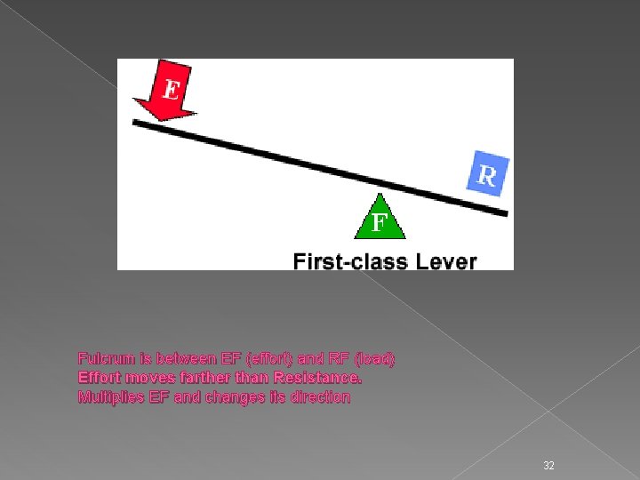 Fulcrum is between EF (effort) and RF (load) Effort moves farther than Resistance. Multiplies