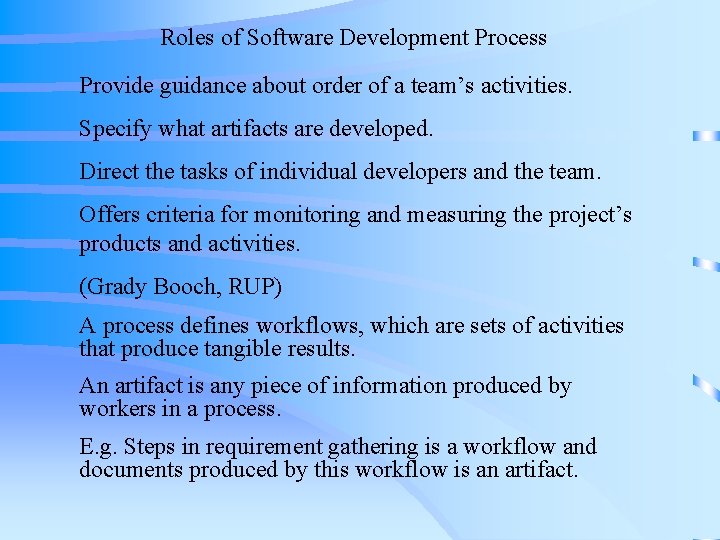 Roles of Software Development Process Provide guidance about order of a team’s activities. Specify Roles of Software Development Process Provide guidance about order of a team’s activities. Specify