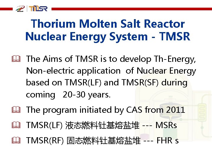 Thorium Molten Salt Reactor Nuclear Energy System - TMSR The Aims of TMSR is