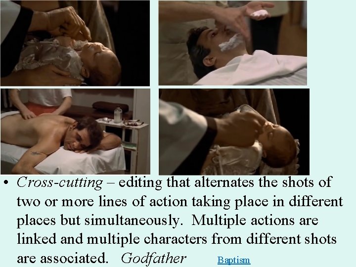  • Cross-cutting – editing that alternates the shots of two or more lines