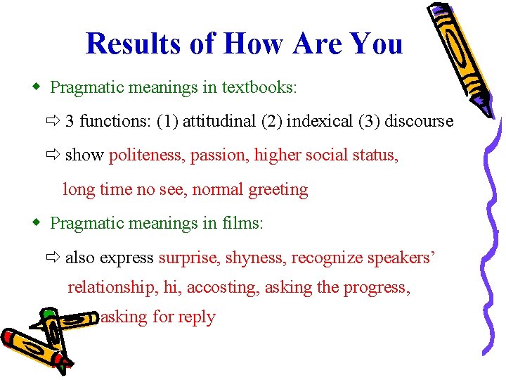 Results of How Are You Pragmatic meanings in textbooks: 3 functions: (1) attitudinal (2)