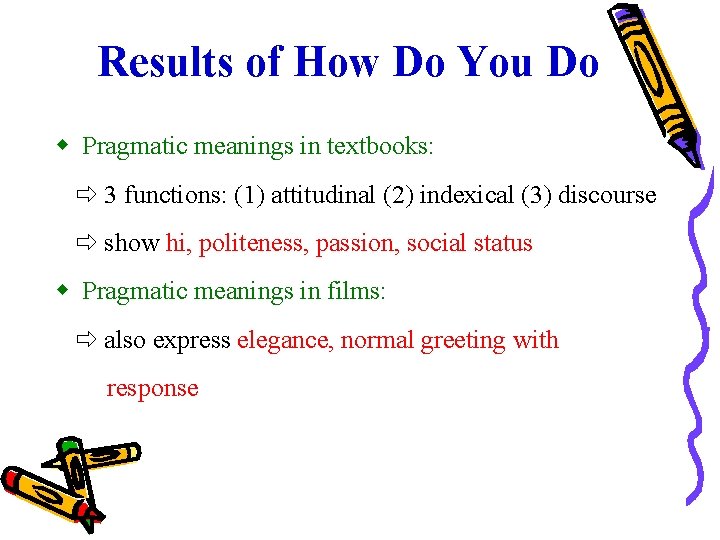 Results of How Do You Do Pragmatic meanings in textbooks: 3 functions: (1) attitudinal
