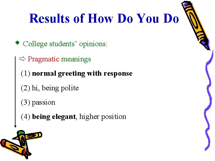 Results of How Do You Do College students’ opinions: Pragmatic meanings (1) normal greeting