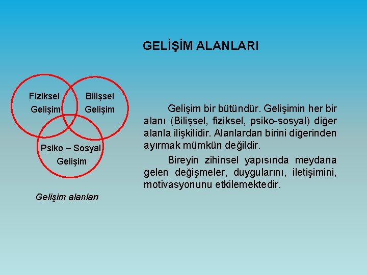 GELİŞİM ALANLARI Fiziksel Gelişim Bilişsel Gelişim Psiko – Sosyal Gelişim alanları Gelişim bir bütündür.