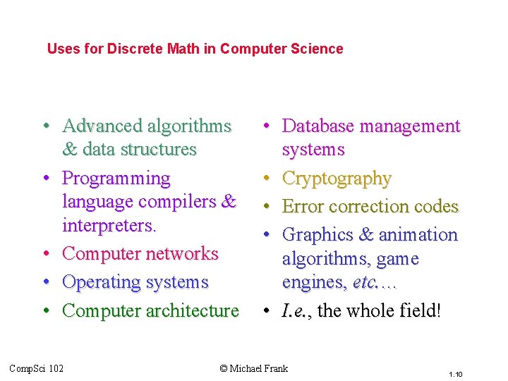 Uses for Discrete Math in Computer Science • Advanced algorithms & data structures •