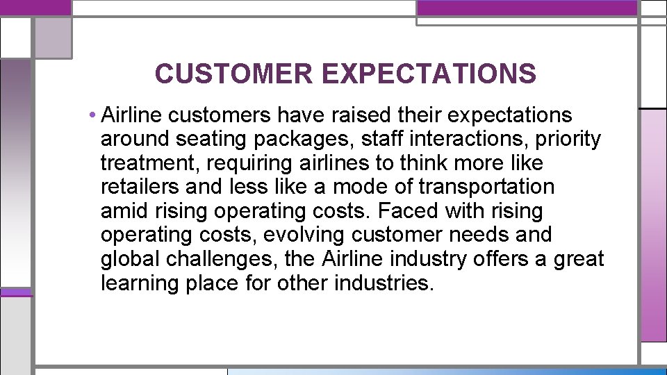 CUSTOMER EXPECTATIONS • Airline customers have raised their expectations around seating packages, staff interactions,